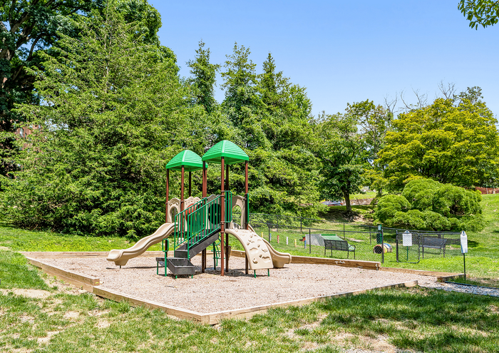 Inviting playground set in a lush green park under a bright blue sky.