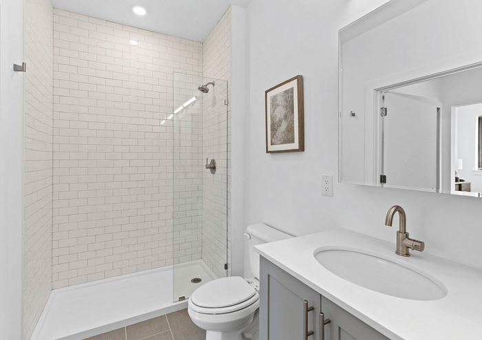 Sleek bathroom with a frameless glass shower, stylish vanity, and contemporary fixtures.
