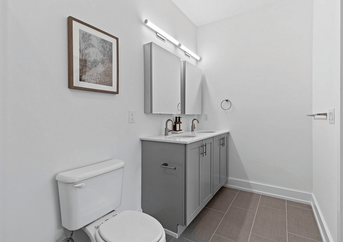Contemporary bathroom with dual sinks, minimalist decor, and sleek modern fixtures.