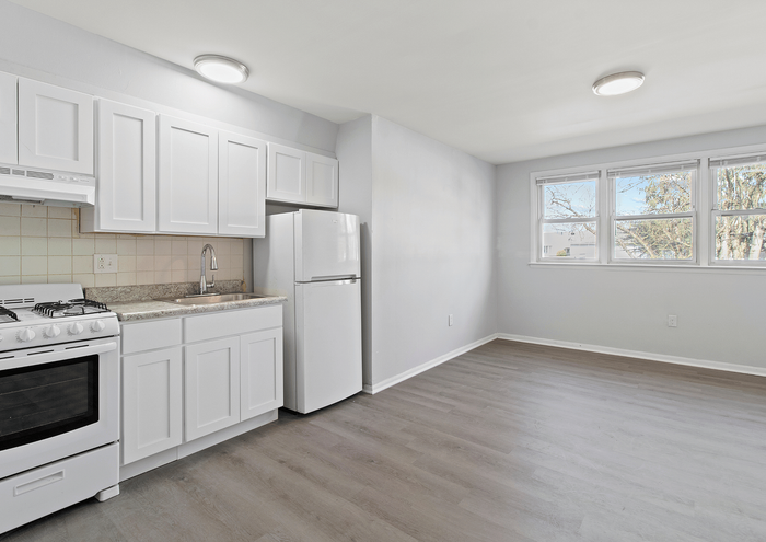 Modern kitchen with white cabinetry, stainless steel appliances, and large windows providing natural light.