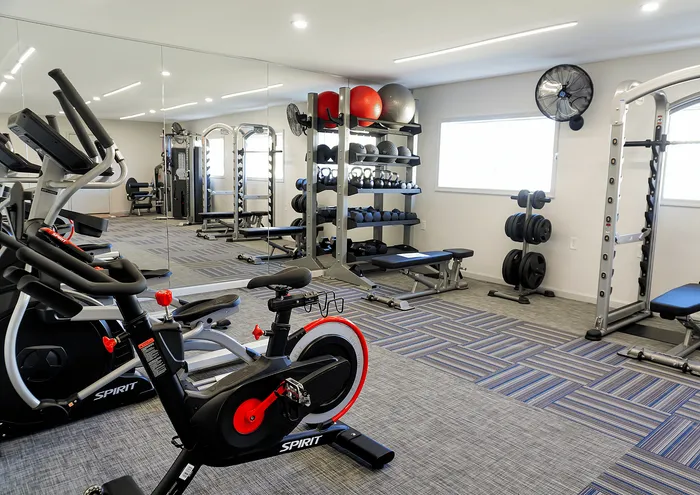 Modern gym equipped with exercise machines, free weights, and mirrored walls.