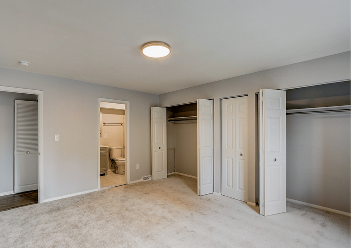Inviting bedroom with plush carpet, ample closet space, and an adjoining modern bathroom.