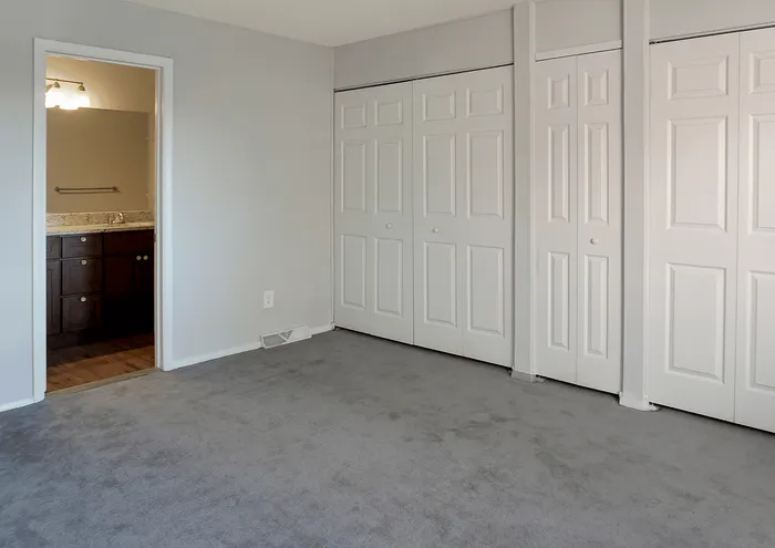 Inviting bedroom with plush carpet, ample closet space, and a view into a modern bathroom.