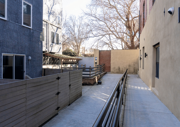 Bright urban patio with modern fencing and mature trees for a serene atmosphere.
