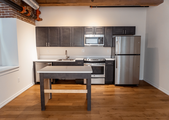 Modern kitchen with stainless steel appliances, dark cabinetry, and wooden flooring, featuring an industrial style.