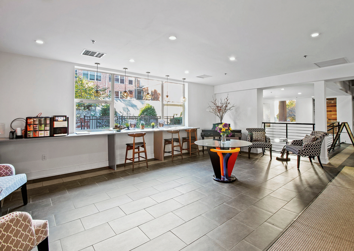 Bright, modern apartment lounge with sleek furnishings, large windows, and a stylish bar area.