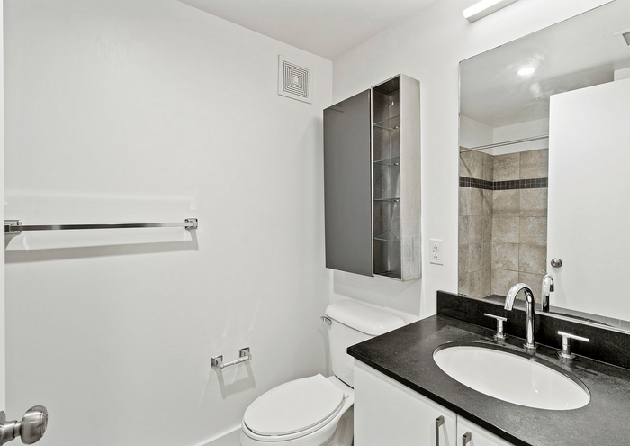 Sleek modern bathroom with a stylish vanity, large mirror, and elegant fixtures.