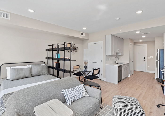 Bright studio apartment featuring a cozy living space, modern kitchen, and versatile dining area.
