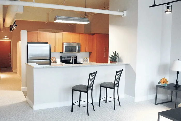 Modern apartment kitchen with sleek stainless steel appliances, stylish bar seating, and warm wooden cabinetry, perfect for entertaining.