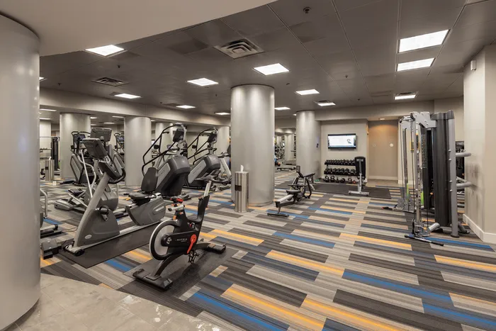Modern fitness center with state-of-the-art exercise equipment including ellipticals, stationary bikes, and a variety of weight machines on vibrant striped flooring.