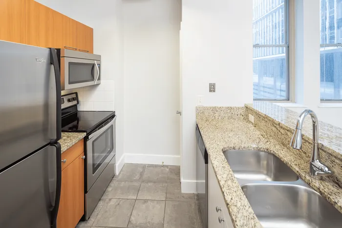 Modern kitchen with sleek stainless steel appliances, granite countertops, and bright natural light.
