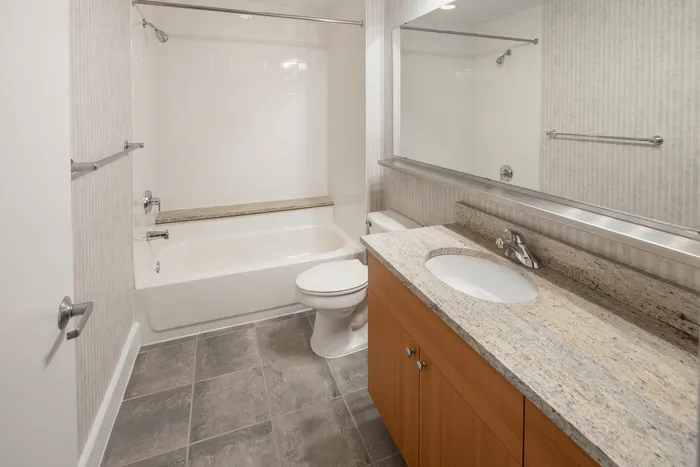 Elegant bathroom featuring a granite countertop, spacious bathtub, and modern fixtures.