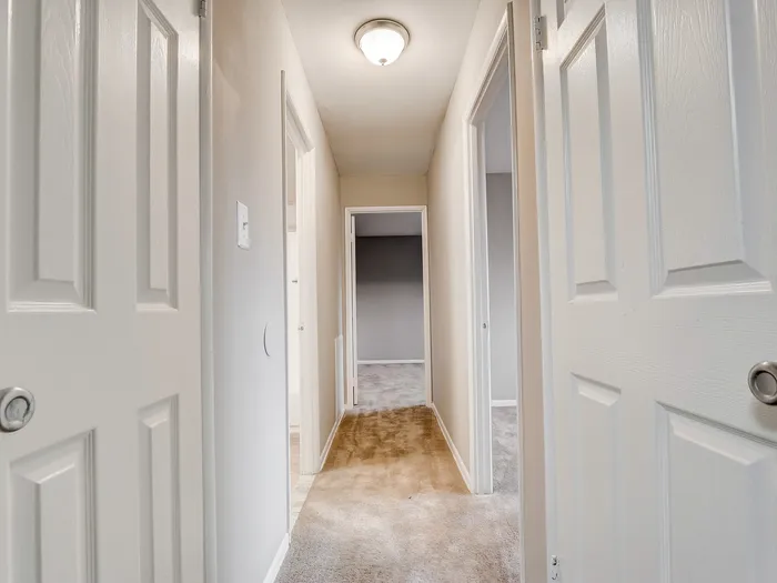 Inviting hallway with soft carpeting and multiple white doors leading to spacious rooms, under warm ceiling light.