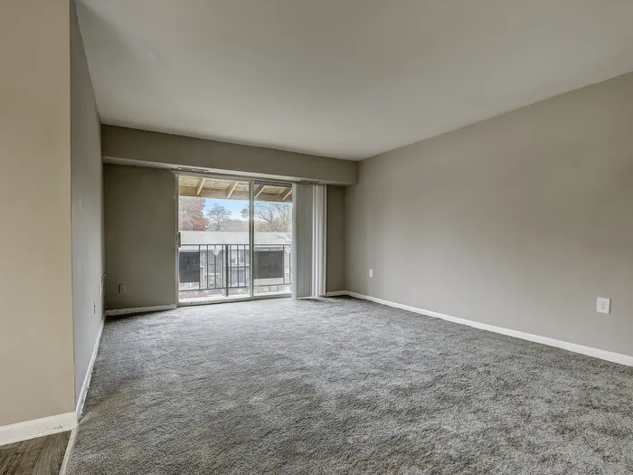 Bright and spacious living room with plush carpeting and large sliding glass doors leading to a private balcony with scenic views.