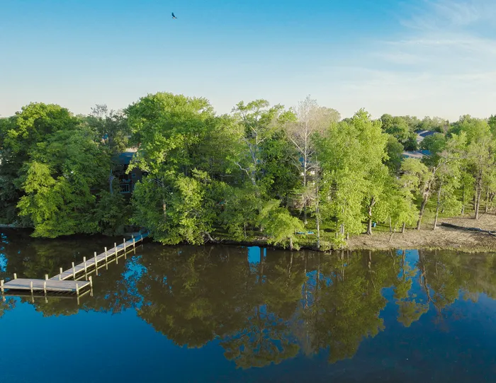 Serene riverside view with lush green trees and a charming dock reflecting on the calm water, perfect for tranquil living.