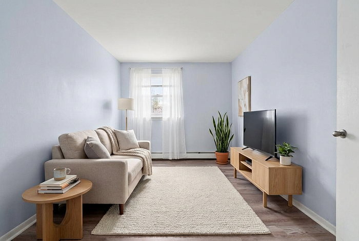 Bright and inviting living room with a cozy beige sofa, modern wooden TV stand, and lush green plants, perfect for relaxation.
