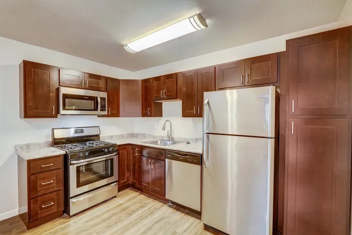 Modern kitchen with stainless steel appliances, elegant dark wood cabinets, and polished stone countertops.