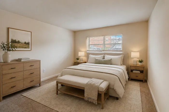 Elegant bedroom with neutral tones, featuring a plush bed, modern nightstands, and a cozy bench, complete with contemporary decor and abundant natural light.