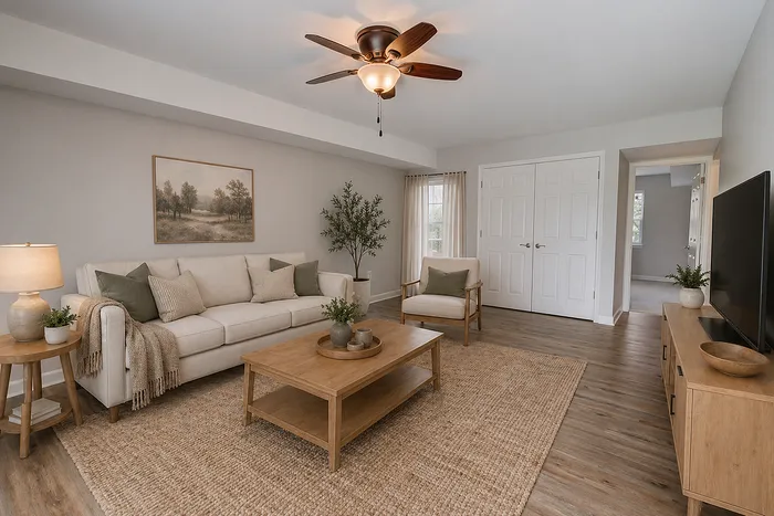 Inviting living room with cozy beige sofa, elegant wooden furniture, and warm lighting, perfect for relaxation and gatherings.