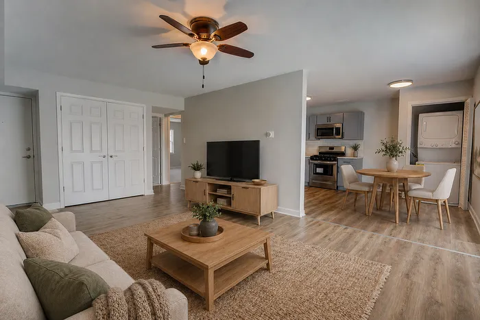Inviting open-concept living area featuring modern decor, hardwood floors, and a seamless flow from the cozy living room to the stylish kitchen and dining space.