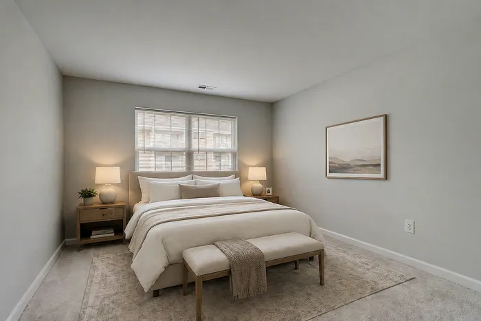 Elegant bedroom with plush bedding, soft lighting, and tasteful decor offering a tranquil retreat.