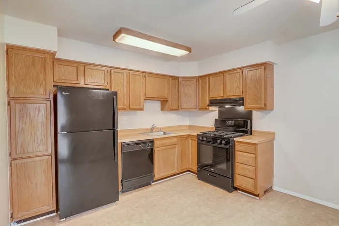 Modern kitchen with sleek black appliances, abundant wooden cabinetry, and bright overhead lighting.