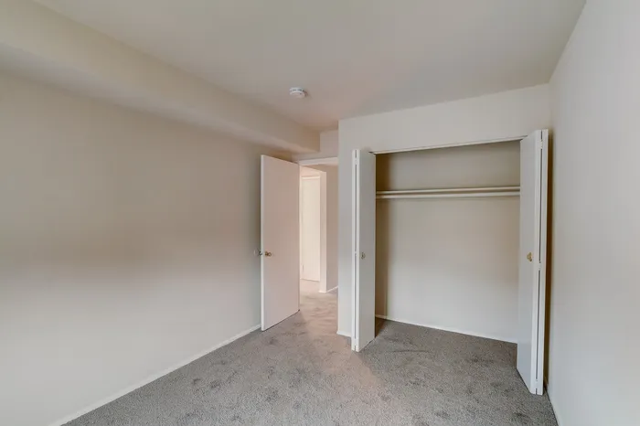 Bright and spacious bedroom with plush carpet and ample closet space, perfect for stylish living.