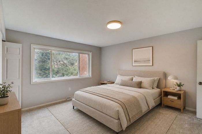 Bright and inviting bedroom showcasing a plush bed, elegant decor, and large window with a serene view.