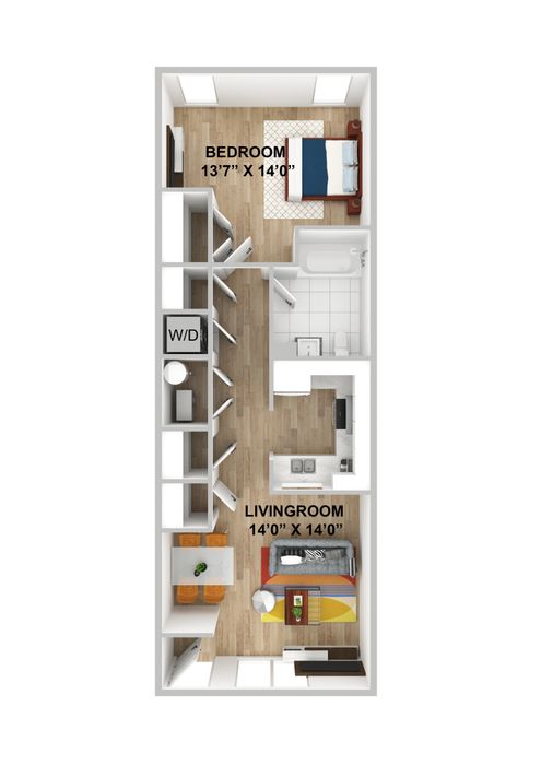 Elegant floor plan with a spacious bedroom, living room, and modern kitchen, designed for urban living.