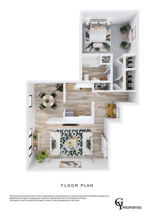 3D floor plan with a bedroom, spacious living area, and elegant dining space.