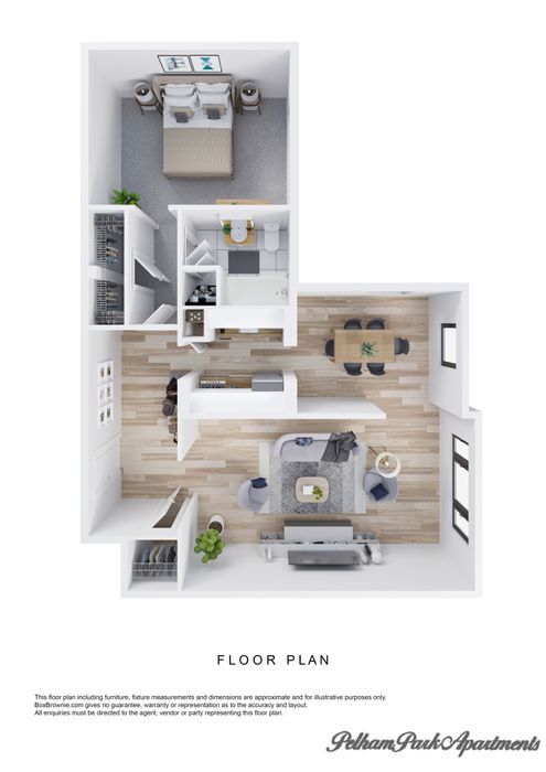 Chic floor plan featuring a spacious bedroom, modern bathroom, dining area, and cozy living room.