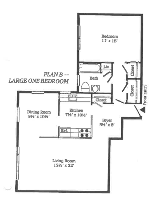 Floor plan of a large one-bedroom apartment with a living room, dining area, and kitchen.
