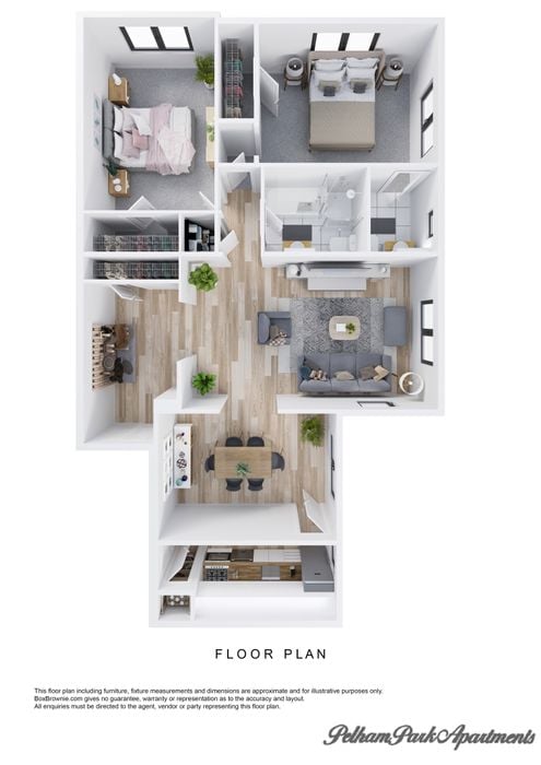 Contemporary 3D floor plan of a modern apartment with two bedrooms, cozy living space, and open dining area.