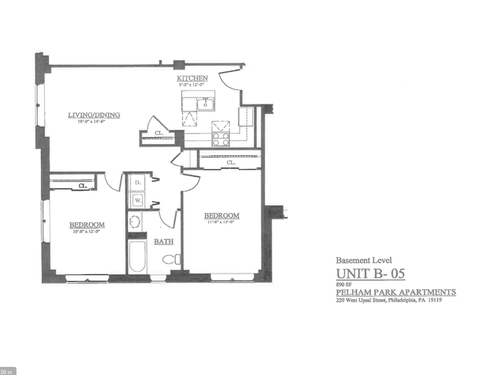Elegant floor plan for Unit B-05 at Pelham Park Apartments, featuring 2 bedrooms, open living-dining area, and a modern kitchen.