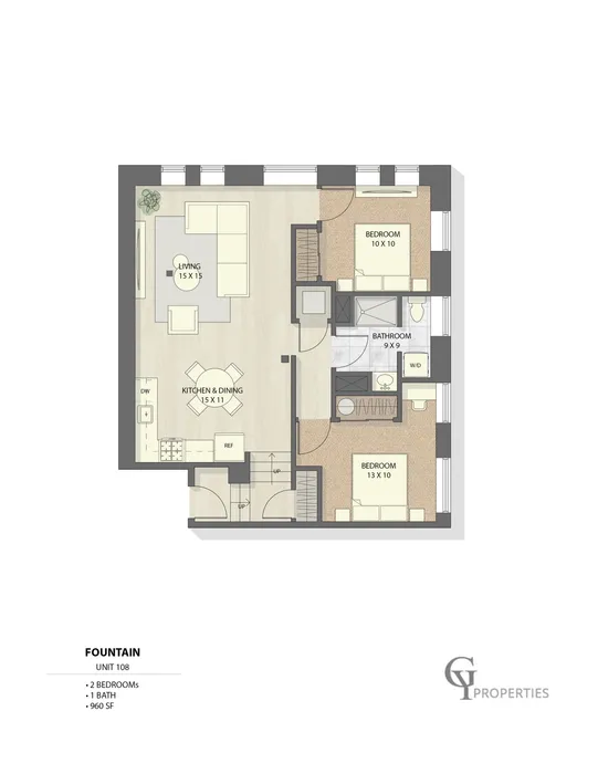 Fountain Unit 108 floor plan featuring 2 bedrooms, 1 bathroom, and a spacious living area.