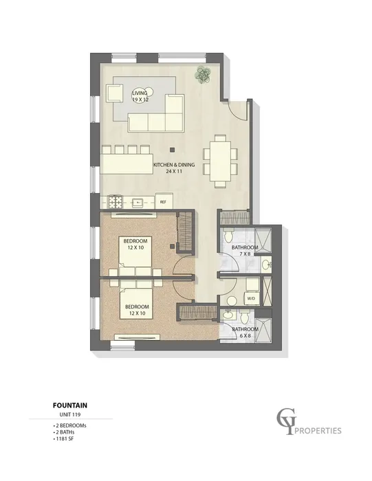 Detailed floor plan of Fountain Unit 119 with 2 bedrooms, 2 bathrooms, and open-concept kitchen and living area.