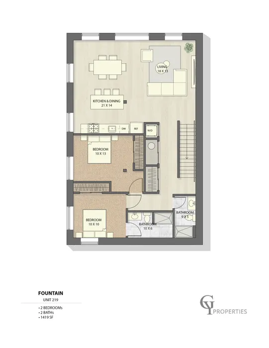 Sleek floor plan of Fountain Unit 219 featuring 2 bedrooms, spacious kitchen and dining area, and a cozy living room.