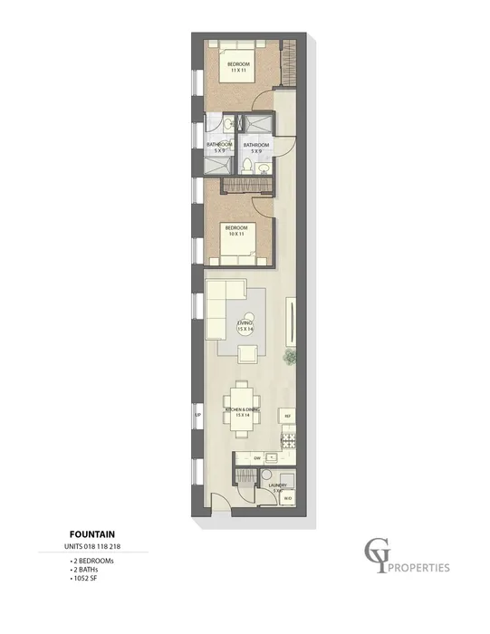 Elegant 2-bedroom, 2-bathroom apartment floor plan with open living and kitchen area.
