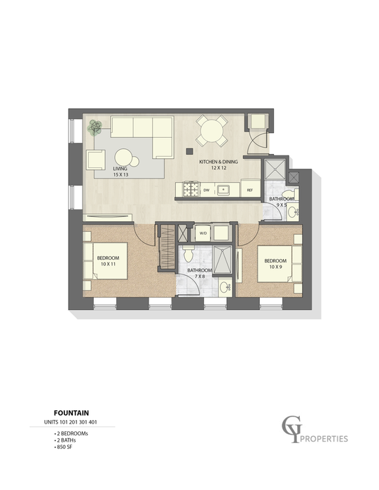 Elegant 2D floor plan of Fountain apartment featuring 2 bedrooms, open living and dining area, and modern kitchen.