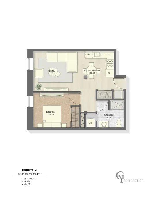 Sophisticated floor plan of a Fountain apartment with 1 bedroom, spacious living area, and stylish kitchen.