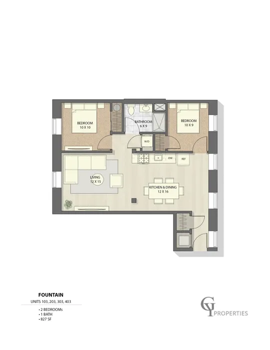 Elegant floor plan layout featuring 2 bedrooms, a bathroom, and an open kitchen-dining area in 827 sq ft.