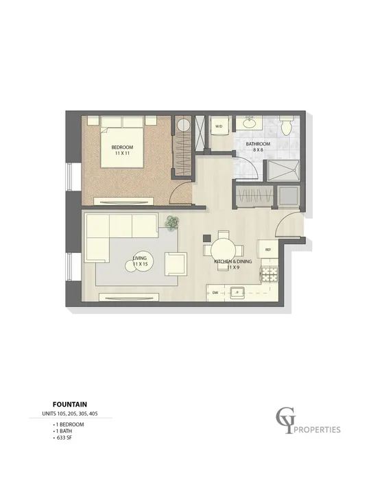 Detailed floor plan of Fountain units with 1 bedroom, 1 bathroom, living area, and kitchen/dining space.
