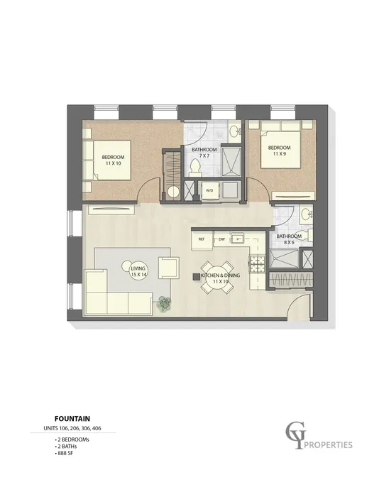 Fountain floor plan with 2 bedrooms, 2 bathrooms, spacious living area, and kitchen, 888 sq ft.