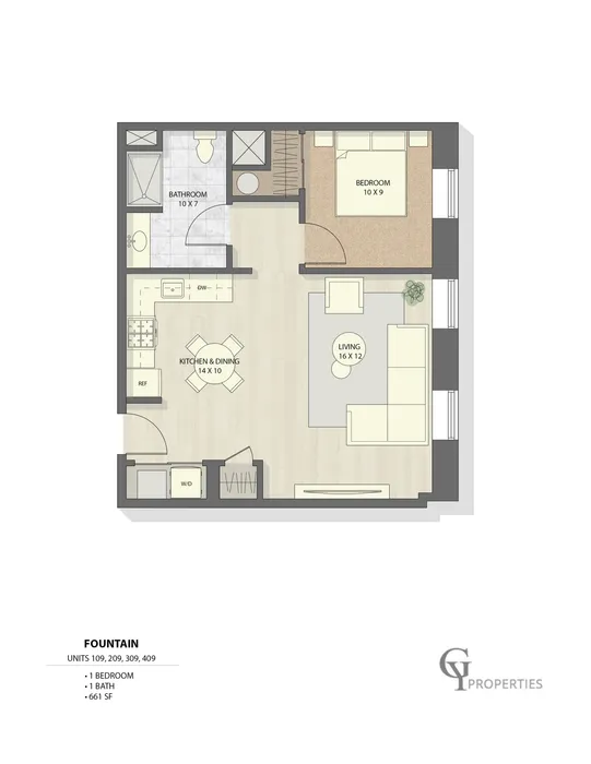 Efficient floor plan for a 1-bedroom apartment with kitchen, dining area, living room, and bathroom.