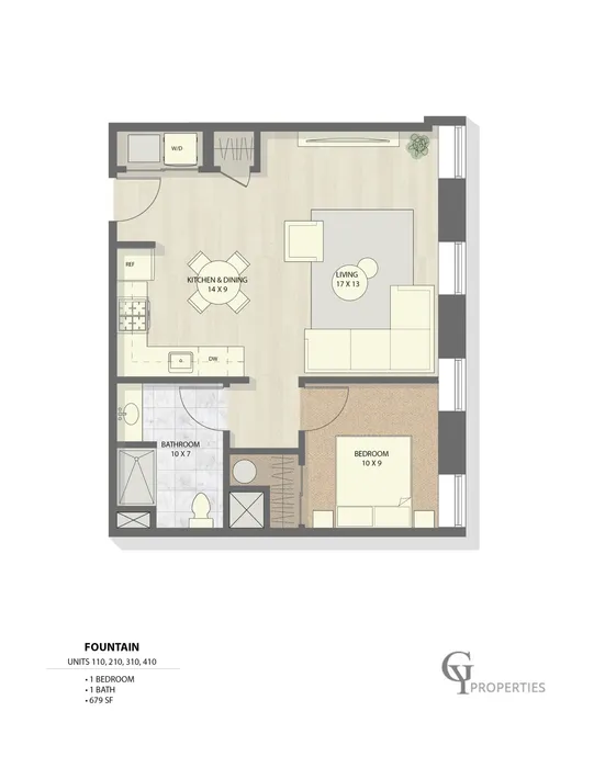 Contemporary 1-bedroom floor plan featuring an open kitchen and dining area, spacious living room, and modern bathroom.