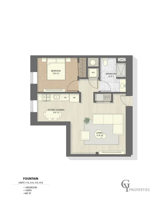 Stylish 2D floor plan of the Fountain unit featuring 1 bedroom, open kitchen, and living area.