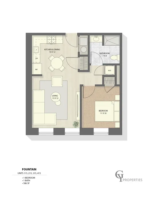 Efficient 2D floor plan featuring 1 bedroom, a combined kitchen and dining area, living room, and bathroom.