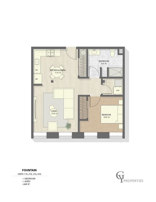 1-bedroom floor plan with open kitchen, dining area, and cozy living room in the Fountain units.