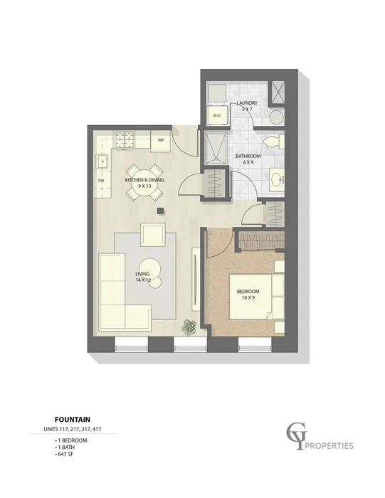 Sleek 1-bedroom floor plan featuring an open kitchen, cozy living area, and modern bathroom.