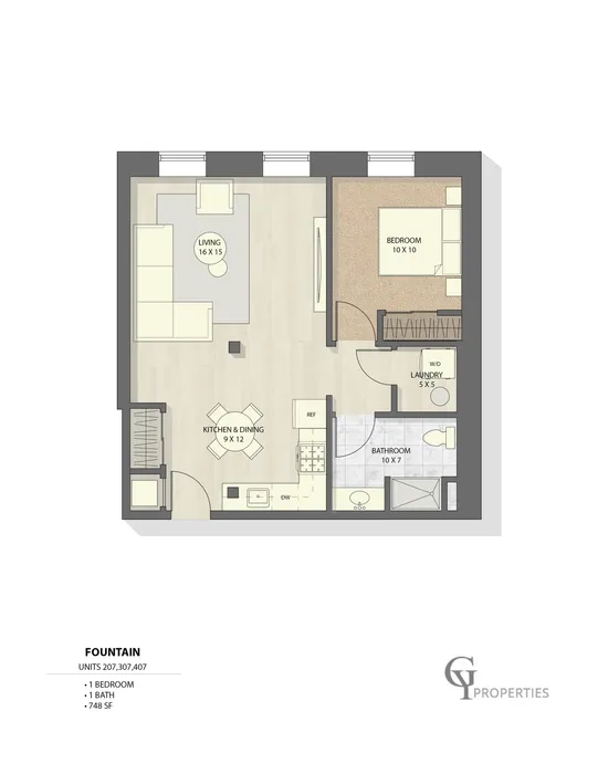 Elegant floor plan layout showcasing 1 bedroom, spacious living area, and modern kitchen.